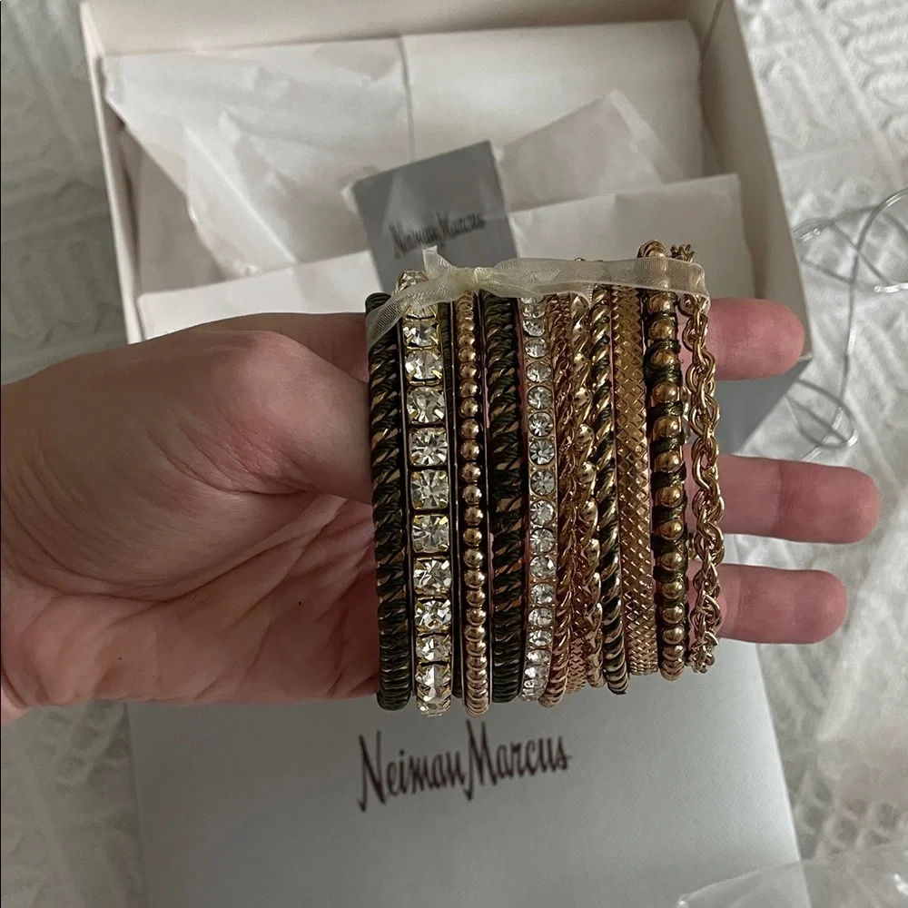 NWT Neiman Marcus 13 bangle bracelet set gold crystal olive green